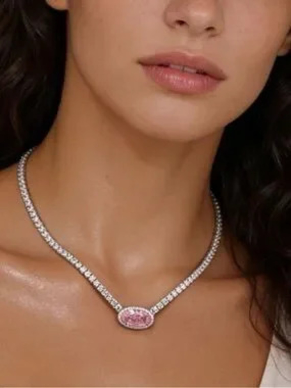 NEW 18K Gold Plated Elegant Pink Centerstone Tennis Necklace